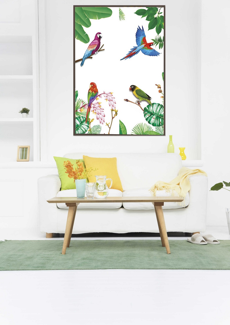 Tranh bộ treo tường tb4002 họa tiết các chú chim và hoa lá với tông màu tươi xanh, mới lạ